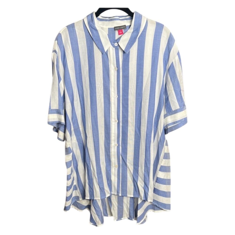 Vince Camuto Blue White Stripe Tunic Button Shirt relaxed Fit Short Sleeve - L
